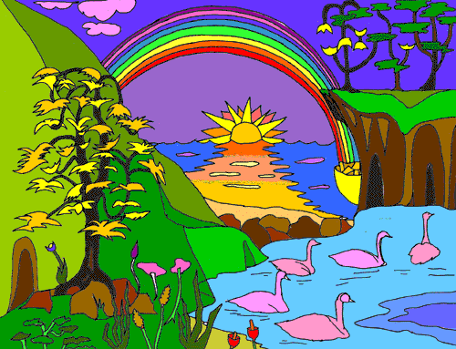 [Fantasy depiction of a sunset, rainbow, and swans]
